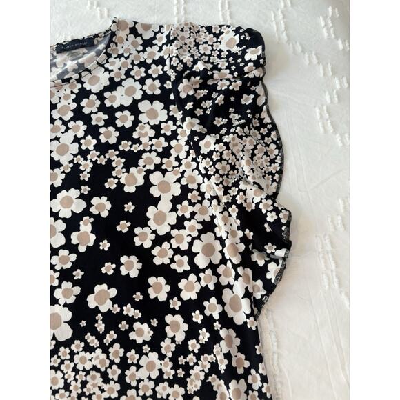 Tommy Hilfiger Navy Tan White Daisy Floral Ruffle Sleeve Cottagecore Top M - Picture 3 of 7